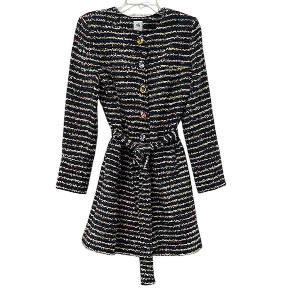 CAbi Headline Topper Navy Tweed Stripe Jacket #5560 Floral Size 8